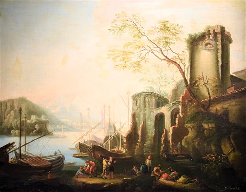 Paesaggio costiero con porto  e rovine